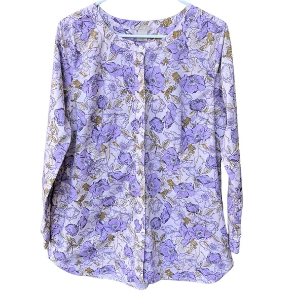 Duluth Trading Company Purple Floral Wrinkle Fighter Button Down Tunic NWOT Sz L - Picture 1 of 12